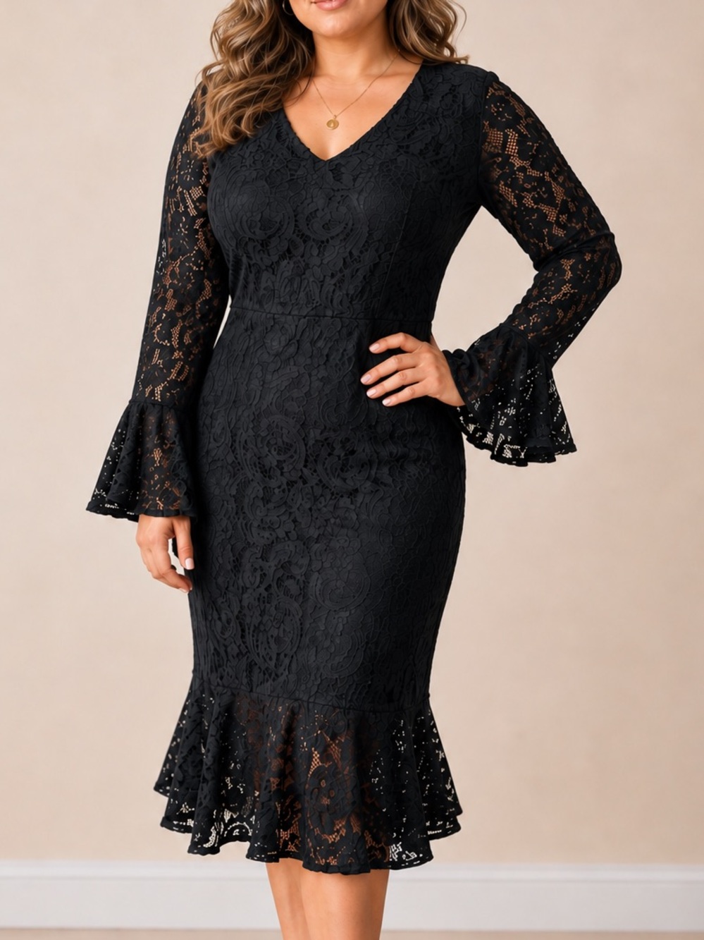 City Chic Desire Lace Dress Black Bell Sleeve Bodycon Midi Plus Size XS 14W